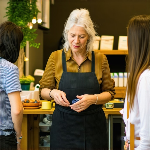Business owner interacting with customers in a lively local shop