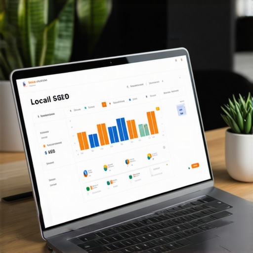 A workspace with SEO tools and a laptop displaying Google My Business dashboard