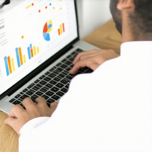 A person working on a laptop optimizing a Google My Business profile with marketing charts and keywords.
