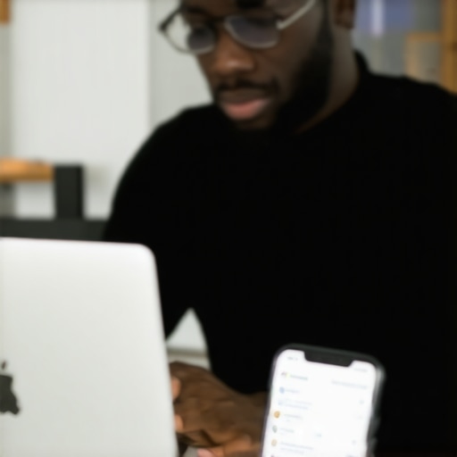 Business owner updating GMB profile on laptop and smartphone