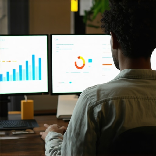 Digital tools for GMB maintenance in 2025 A person managing Google My Business listings using data dashboards on computer screens