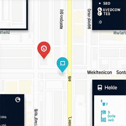 Local Map SEO Growth A digital map with highlighted local business rankings and SEO indicators.