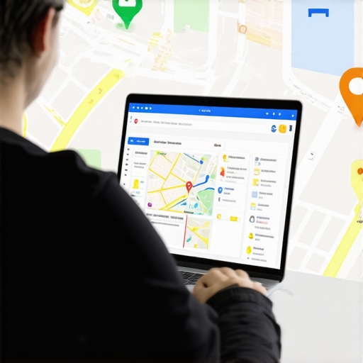 Business owner working on Google My Business profile on laptop with local map icons