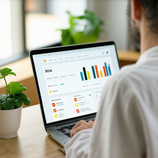 Business owner enhancing their Google My Business profile using a laptop with analytics and review data.