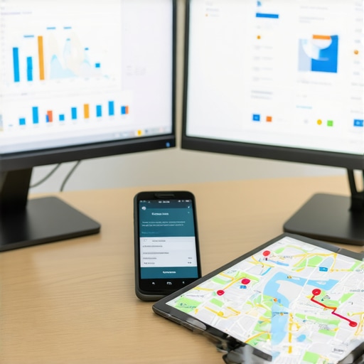 Workspace with screens displaying SEO analytics, maps, and review management apps.