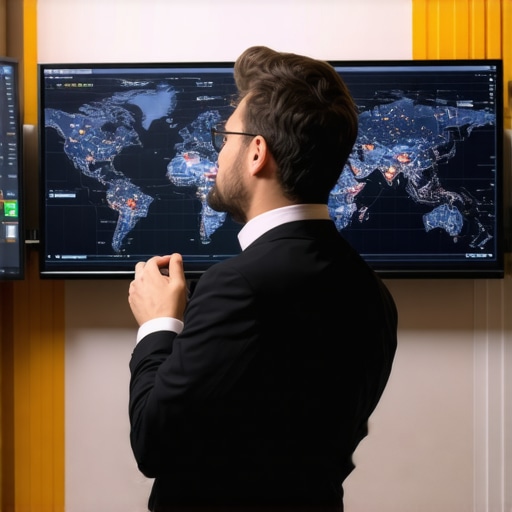 Advanced Maps SEO Analysis Man analyzing digital maps and local SEO strategies on computer screens.