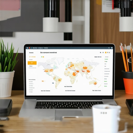 A professional workspace featuring a laptop, analytics dashboards, and maps on the screen