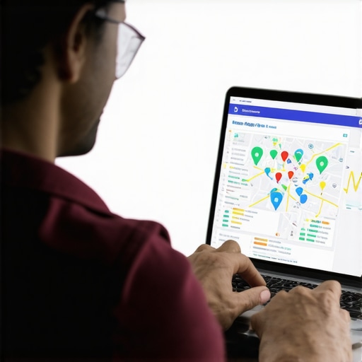 Marketing professional analyzing local maps and SEO performance on a laptop.