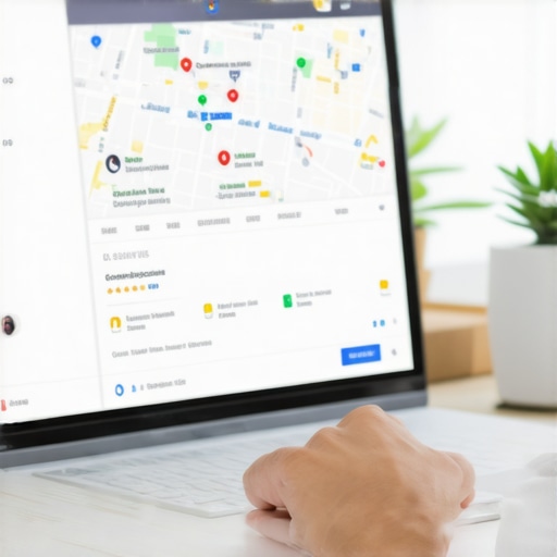 Business owner updating Google My Business profile on desktop showing map optimization and reviews