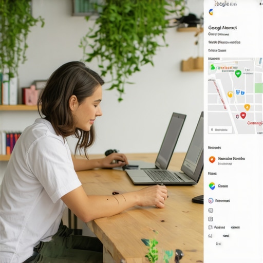 Business owner enhancing Google My Business profile with new photos and info in a digital workspace