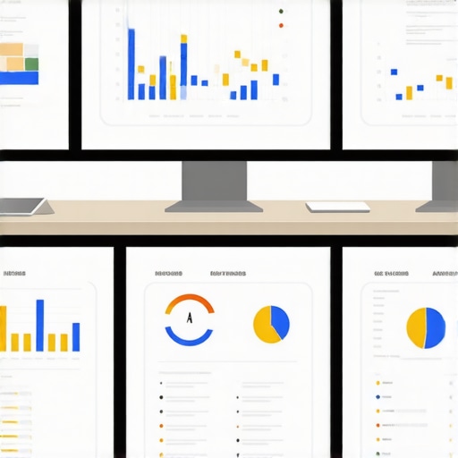 Workspace featuring laptops and dashboards displaying maps SEO analytics