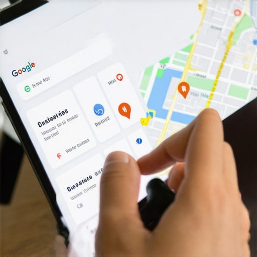 Updating GMB Profile on Tablet Person editing Google My Business profile on a tablet device with maps and analytics