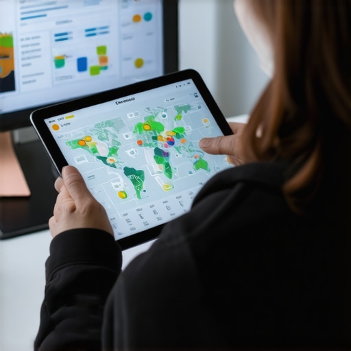Person reviewing local business analytics on tablet with maps and charts.