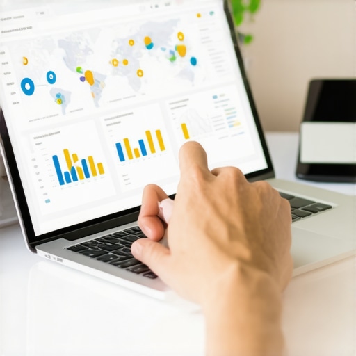 Individual reviewing analytics on a laptop with maps and charts for local SEO maintenance.