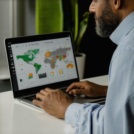 Business owner reviewing maps and SEO analytics on a laptop in a contemporary office