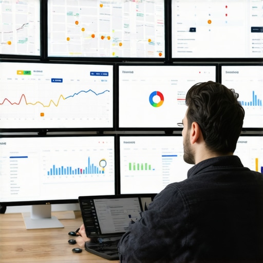 Person analyzing local SEO metrics on multiple computer screens, focusing on maps and citations.