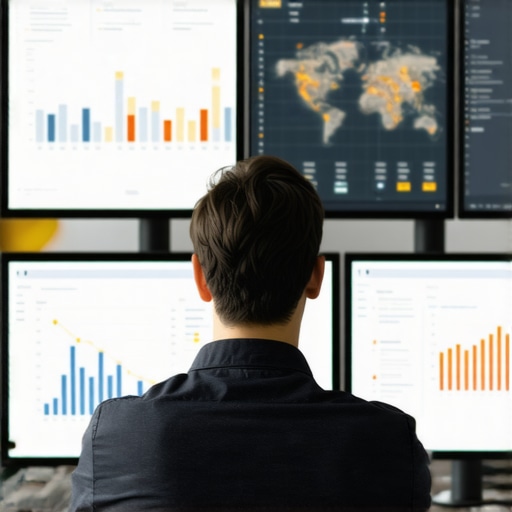 Digital marketer analyzing SEO dashboard on multiple screens in a modern office