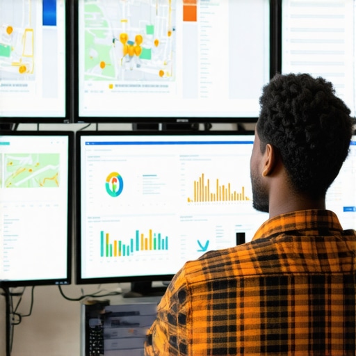 A person reviewing local SEO metrics on a computer with maps and analytics dashboards.