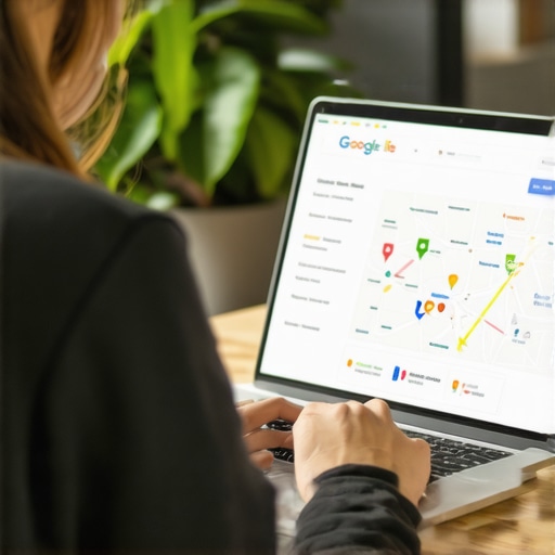 Business owner optimizing GMB profile with maps and analytics charts