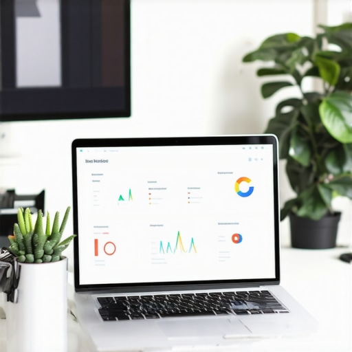 An office setup with a laptop displaying local SEO and GMB analytics for business growth.