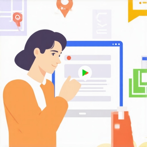 Business owner updating GMB profile on laptop with maps and SEO icons.