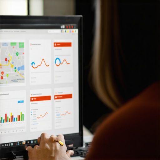 Person reviewing local SEO analytics on a desktop monitor, focusing on maps and performance metrics.