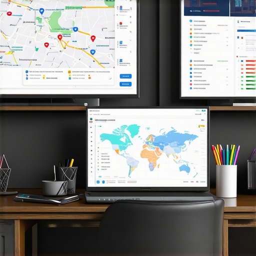 A workspace with multiple screens displaying maps, SEO data, and analytics for local business optimization.