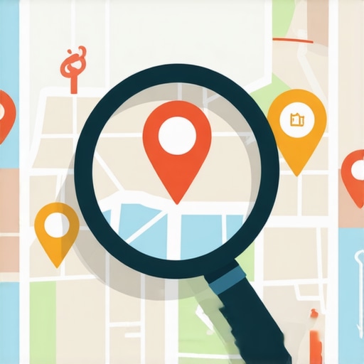 Magnifying glass analyzing local map data signals with business icons and analytics.