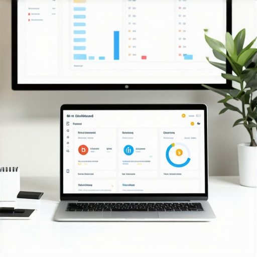 A workspace showing a laptop with GMB analytics dashboard and local SEO tools for profile maintenance.